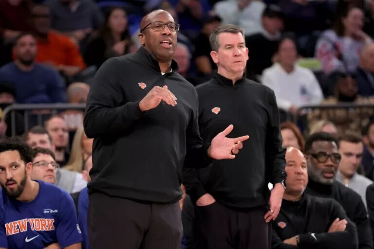 Nov 5, 2025; New York, New York, USA; New York Knicks head coach Mike Brown coaches against the Minnesota Timberwolves during the second quarter at Madison Square Garden. Mandatory Credit: Brad Penner-Imagn Images
