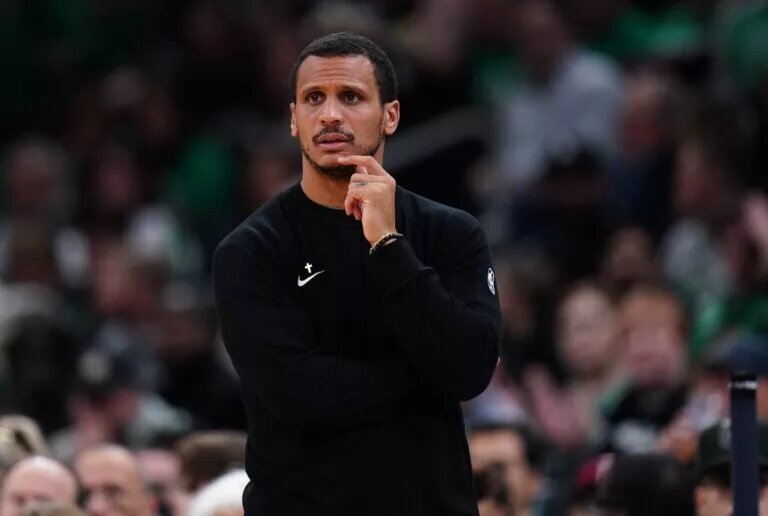 Boston Celtics Head Coach Joe Mazzulla watches from the sideline as they take on the Washington Wizards at TD Garden.