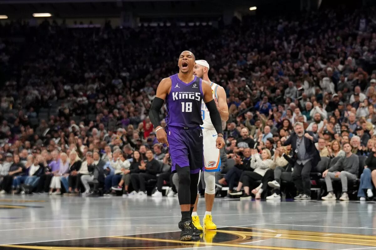 Sacramento Kings guard Russell Westbrook (18) reacts after the Kings made a basket against the Oklahoma City Thunder in the second quarter at the Golden 1 Center.