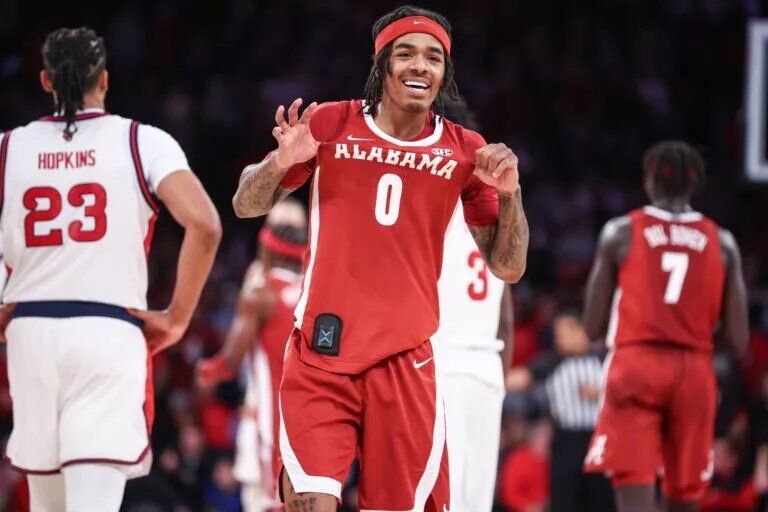 Nov 8, 2025; New York, New York, USA; Alabama Crimson Tide guard Labaron Philon (0) celebrates in the second half against the St. John's Red Storm at Madison Square Garden. Mandatory Credit: Wendell Cruz-Imagn Images