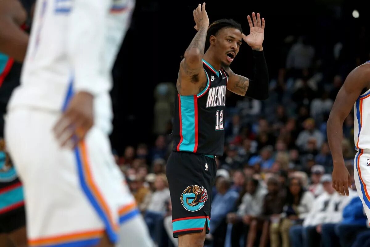 Memphis Grizzlies guard Ja Morant (12) reacts during the fourth quarter against the Oklahoma City Thunder at FedExForum.