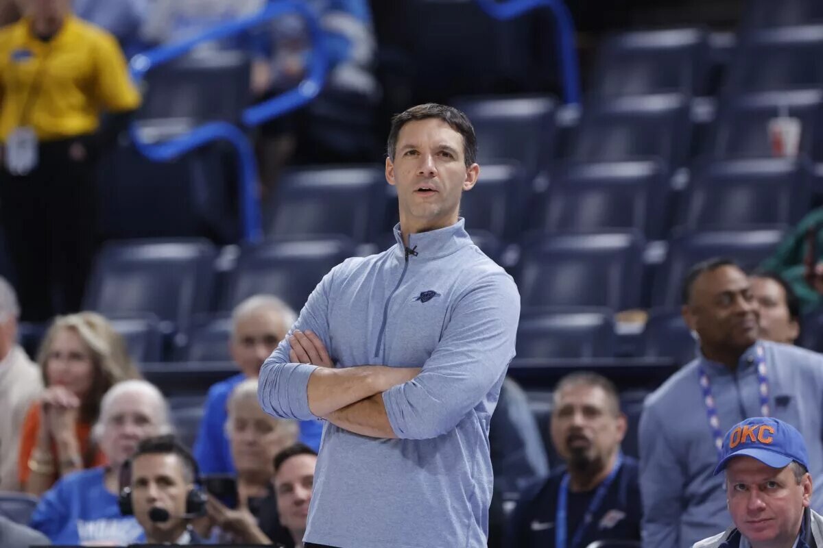 Nov 12, 2025; Oklahoma City, Oklahoma, USA;Oklahoma City Thunder head coach Mark Daigneault watches his team play against the Los Angeles Lakers during the fourth quarter at Paycom Center. Mandatory Credit: Alonzo Adams-Imagn Images