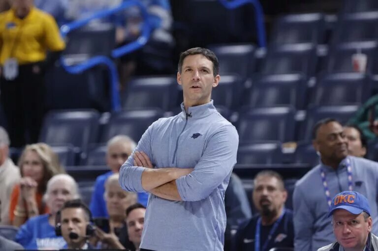 Nov 12, 2025; Oklahoma City, Oklahoma, USA;Oklahoma City Thunder head coach Mark Daigneault watches his team play against the Los Angeles Lakers during the fourth quarter at Paycom Center. Mandatory Credit: Alonzo Adams-Imagn Images