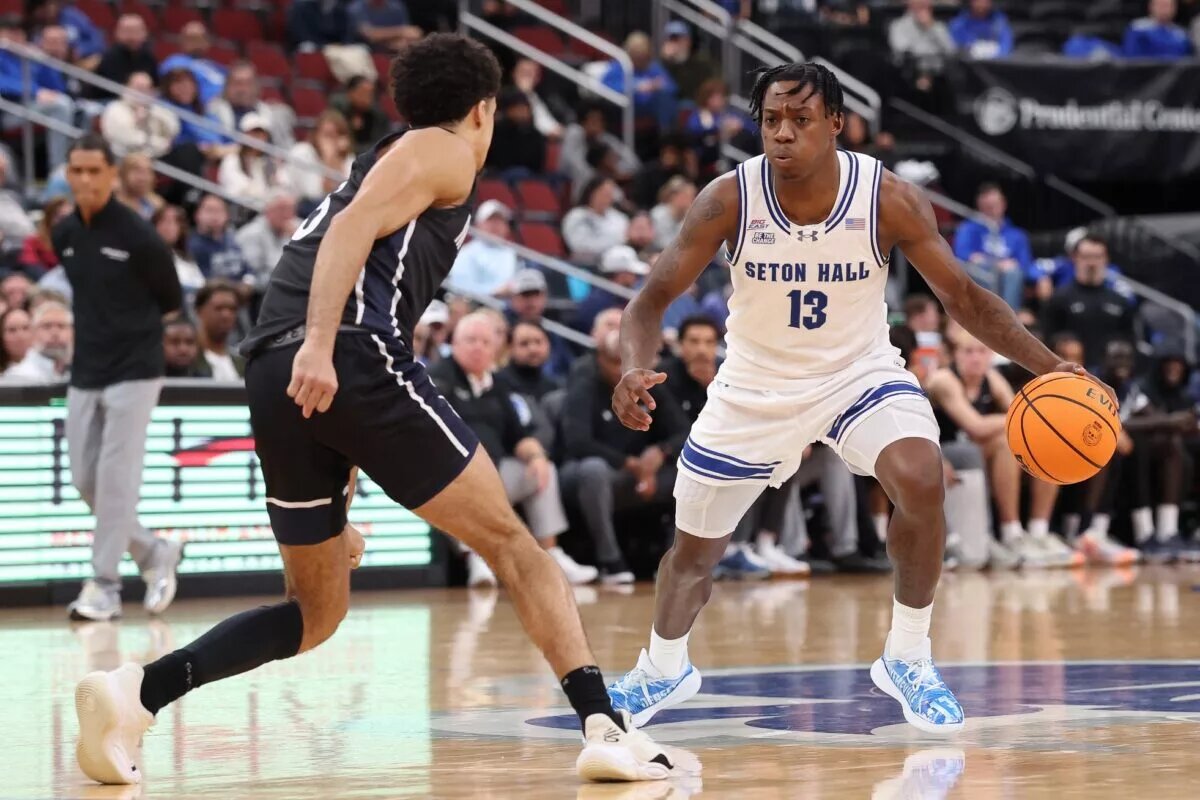 Nov 13, 2025; Newark, New Jersey, USA; Seton Hall Pirates guard Trey Parker (13) dribbles during the second half against the Monmouth Fighting Scots at Prudential Center. Mandatory Credit: Vincent Carchietta-Imagn Images