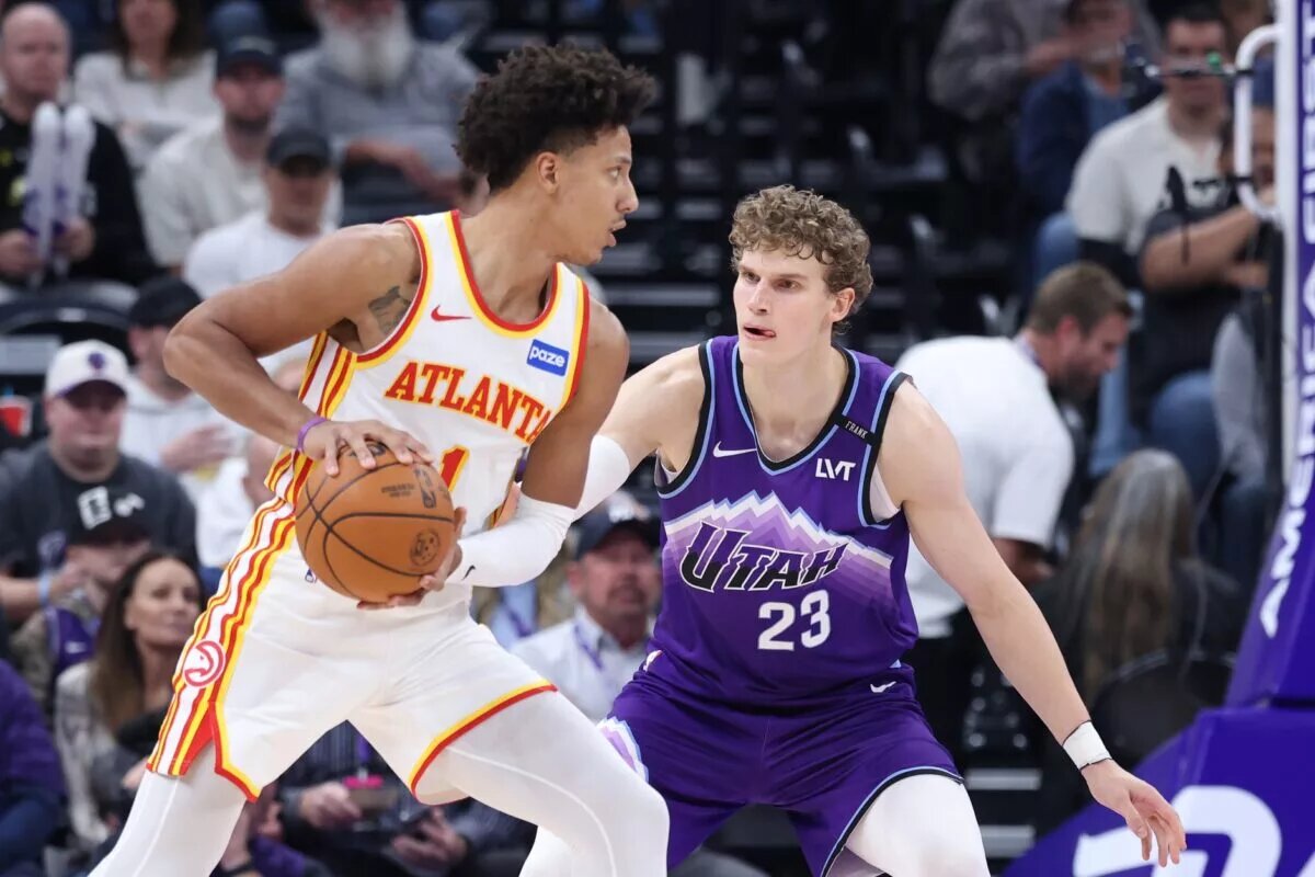 Atlanta Hawks forward Jalen Johnson (1) looks to drive against Utah Jazz forward Lauri Markkanen (23) during the second half at Delta Center.