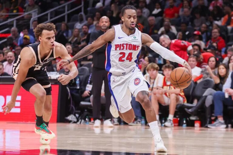 Detroit Pistons guard Daniss Jenkins (24) drives to the basket against the Atlanta Hawks in the second quarter at State Farm Arena.