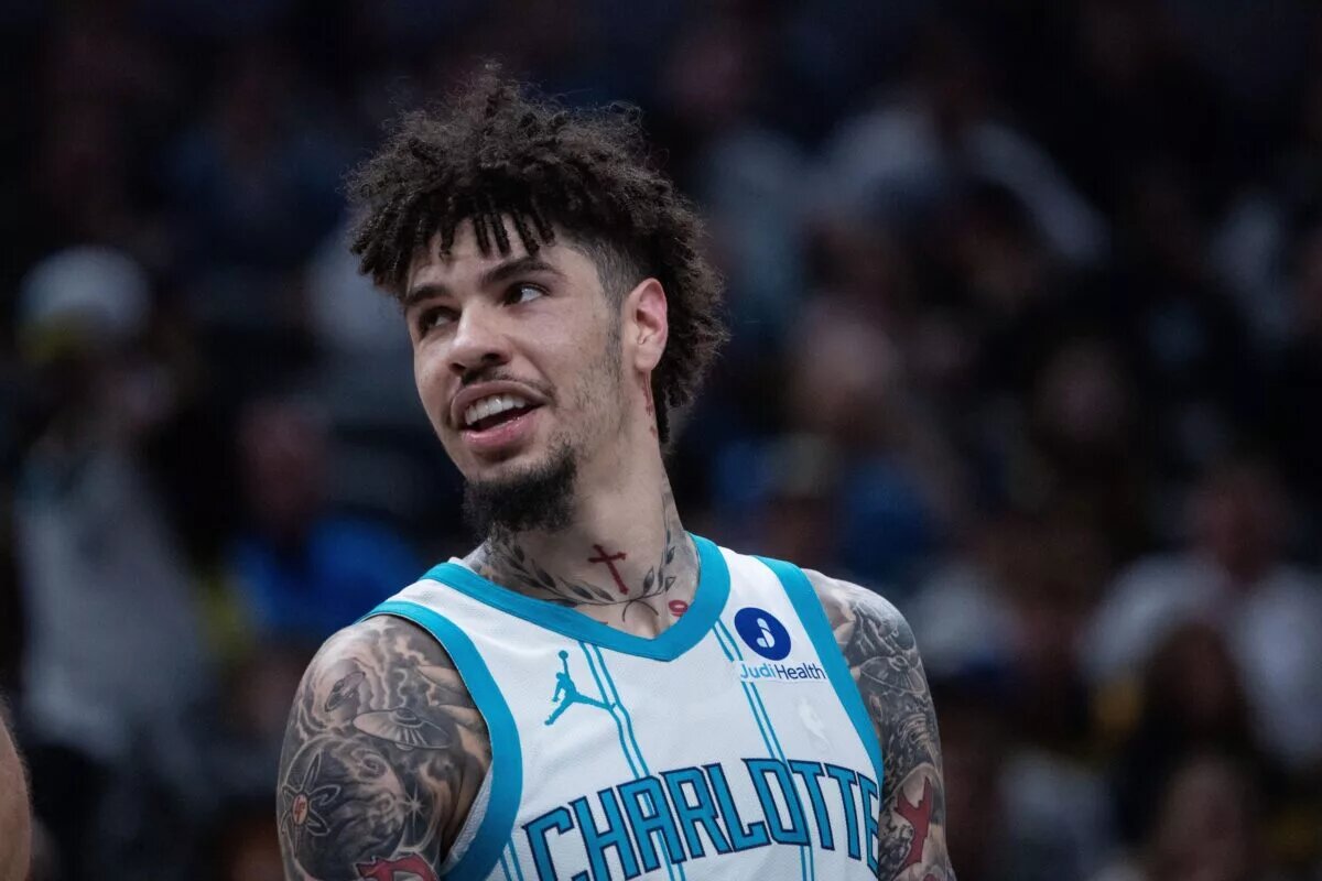 Charlotte Hornets guard LaMelo Ball (1) looks on in the first half against the Indiana Pacers at Gainbridge Fieldhouse.