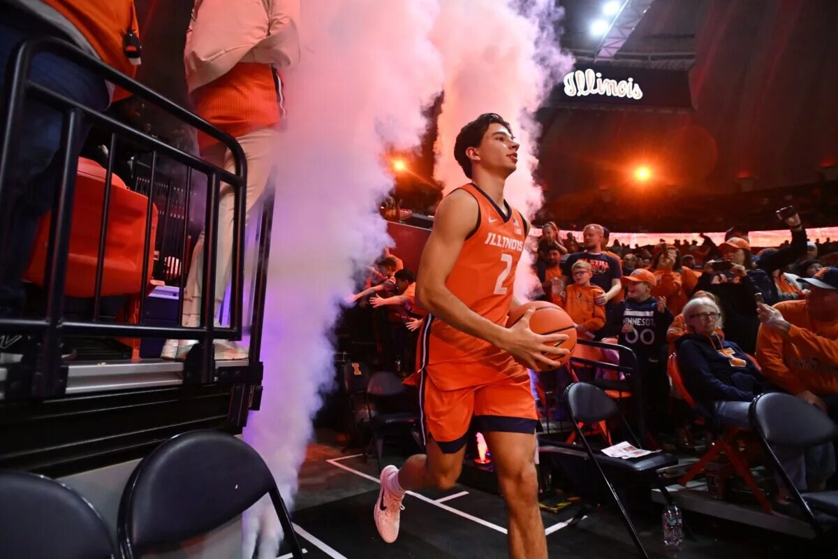 Nov 24, 2025; Champaign, Illinois, USA; Illinois Fighting Illini guard Andrej Stojakovic (2) takes the court before the tipoff of a game with UT Rio Grande Valley Vaqueros at State Farm Center. Mandatory Credit: Ron Johnson-Imagn Images
