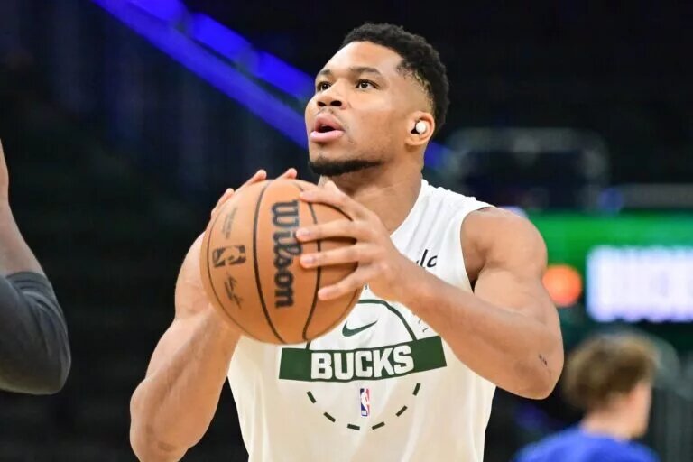 Oct 30, 2025; Milwaukee, Wisconsin, USA; Milwaukee Bucks forward Giannis Antetokounmpo (34) warms up before game against the Golden State Warriors at Fiserv Forum. Mandatory Credit: Benny Sieu-Imagn Images