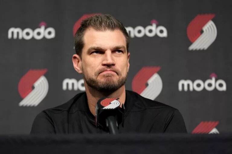 Nov 19, 2025; Portland, Oregon, USA; Portland Trail Blazers interim head coach Tiago Splitter listens to questions from the media before the game between Portland Trail Blazers and Chicago Bulls at Moda Center. Mandatory Credit: Soobum Im-Imagn Images