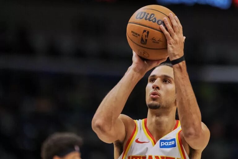 Nov 22, 2025; New Orleans, Louisiana, USA; Atlanta Hawks forward Zaccharie Risacher (10) shoots a free throw against the New Orleans Pelicans during the first half of the game at the Smoothie King Center. Mandatory Credit: Daniel Anderson-Imagn Images