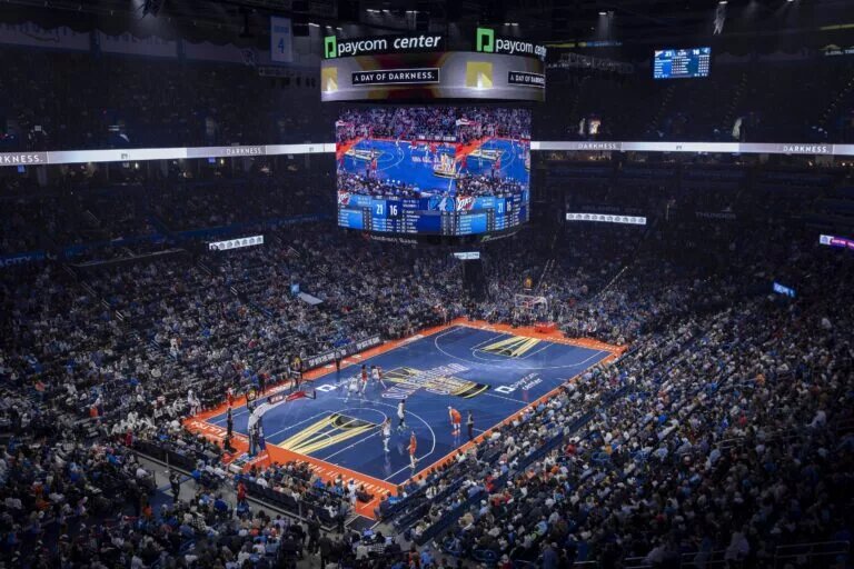 Nov 26, 2025; Oklahoma City, Oklahoma, USA; A general view of Oklahoma City Thunder NBA Cup Game court during the first quarter of a game against the Minnesota Timberwolves at Paycom Center. Mandatory Credit: Alonzo Adams-Imagn Images