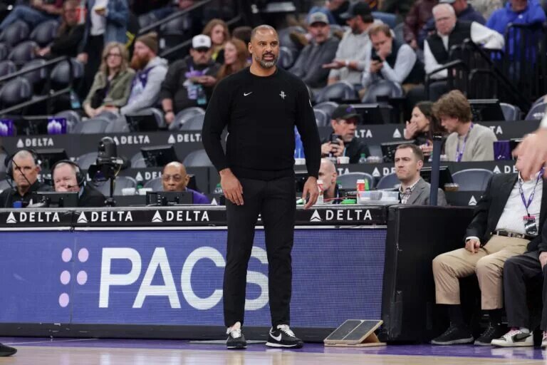 Dec 1, 2025; Salt Lake City, Utah, USA; Houston Rockets head coach Ime Udoka watches from the sidelines during the second half against the Utah Jazz at Delta Center. Mandatory Credit: Chris Nicoll-Imagn Images