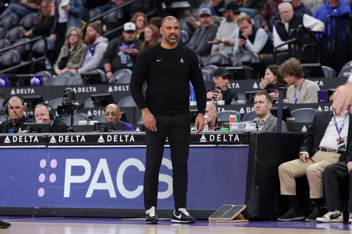 Houston Rockets head coach Ime Udoka watches from the sidelines during the second half against the Utah Jazz at Delta Center.