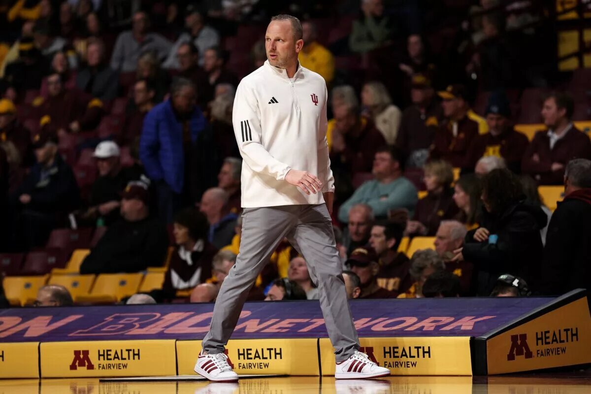 Indiana Hoosiers head coach Darian Devries looks on during the first half against the Minnesota Golden Gophers at Williams Arena.