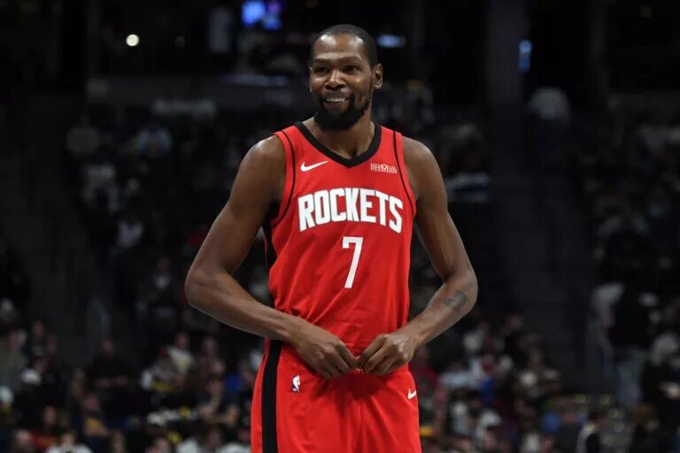 Dec 20, 2025; Denver, Colorado, USA; Houston Rockets forward Kevin Durant (7) during the second half against the Denver Nuggets at Ball Arena. Mandatory Credit: Christopher Hanewinckel-Imagn Images