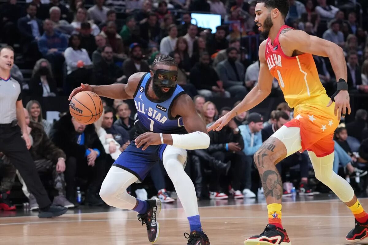 Boston Celtics wing Jaylen Brown guarded by teammate Jayson Tatum during 2023 All-Star Game