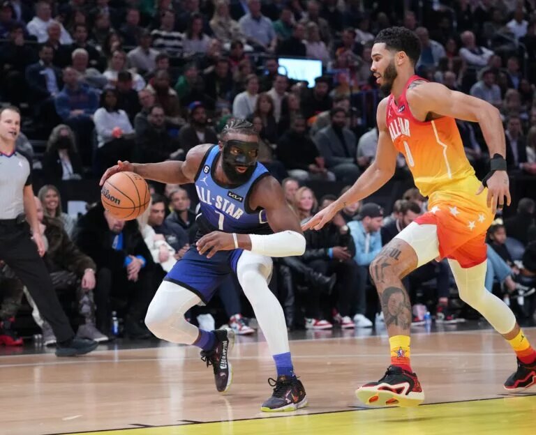 Boston Celtics wing Jaylen Brown guarded by teammate Jayson Tatum during 2023 All-Star Game