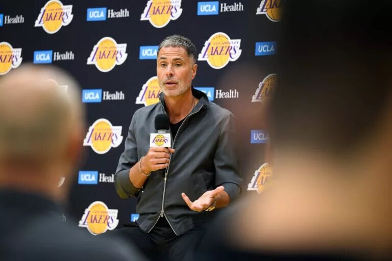 Los Angeles Lakers president Rob Pelinka addresses media