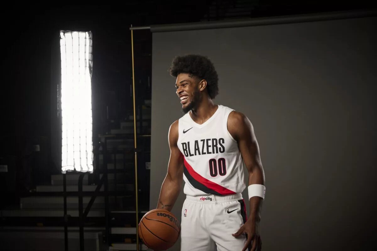 Sep 29, 2025; Portland, OR, USA; Portland Trail Blazers guard Scoot Henderson (00) during media day at the Moda Center. Mandatory Credit: Troy Wayrynen-Imagn Images