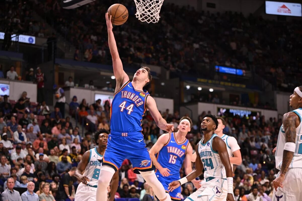 Oklahoma City Thunder guard Nikola Topic scores layup against the Charlotte Hornets in 2025-26 NBA preseason