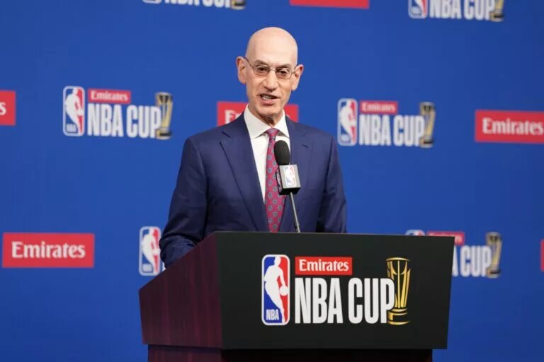 Dec 16, 2025; Las Vegas, Nevada, USA; NBA commissioner Adam Silver speaks during press conference at the Emirates NBA Cup Final at T-Mobile Arena. Mandatory Credit: Kirby Lee-Imagn Images
