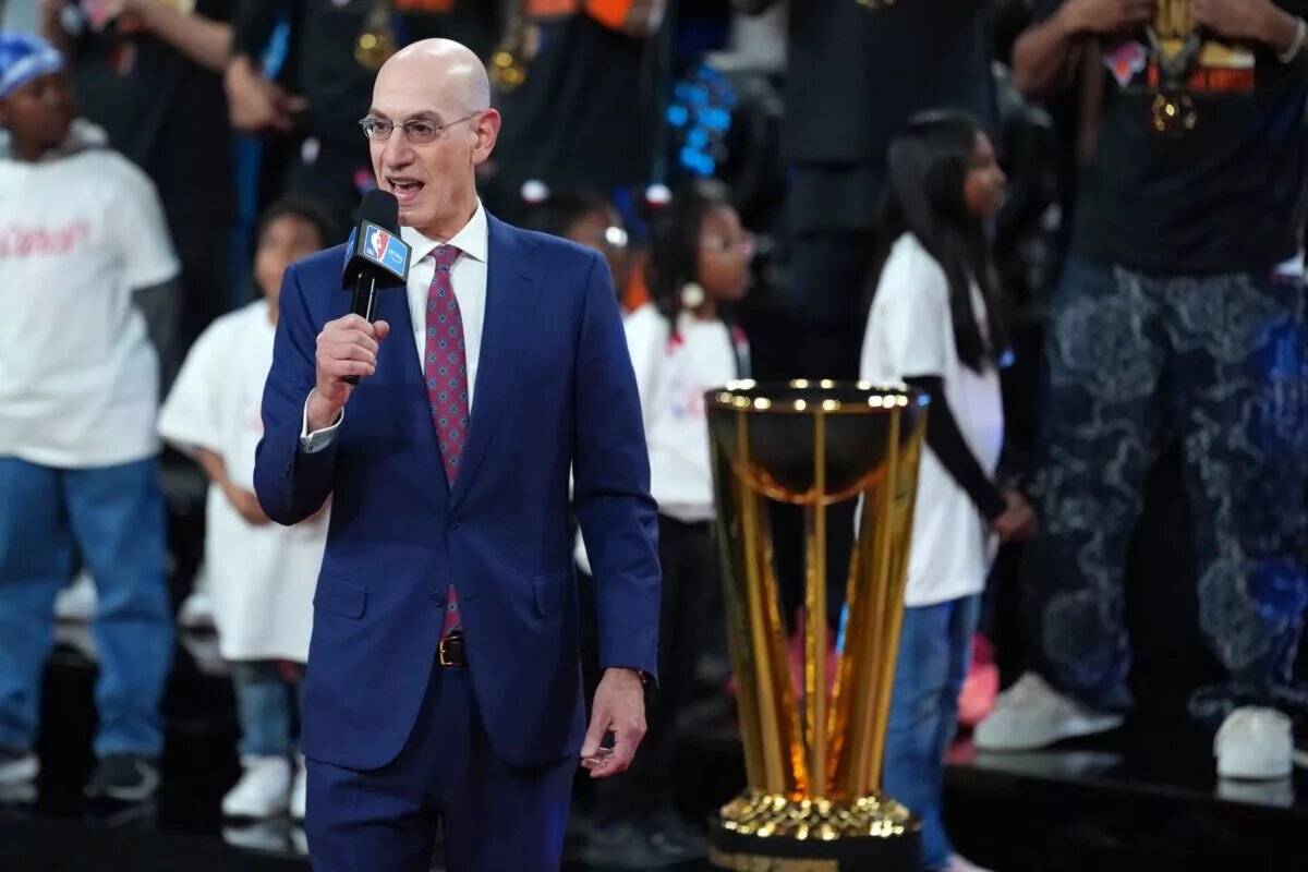 Dec 16, 2025; Las Vegas, Nevada, USA; NBA commissioner Adam Silver speak during the Emirates NBA Cup trophy presentation at T-Mobile Arena. Mandatory Credit: Kirby Lee-Imagn Images