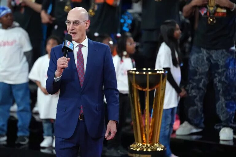 Dec 16, 2025; Las Vegas, Nevada, USA; NBA commissioner Adam Silver speak during the Emirates NBA Cup trophy presentation at T-Mobile Arena. Mandatory Credit: Kirby Lee-Imagn Images