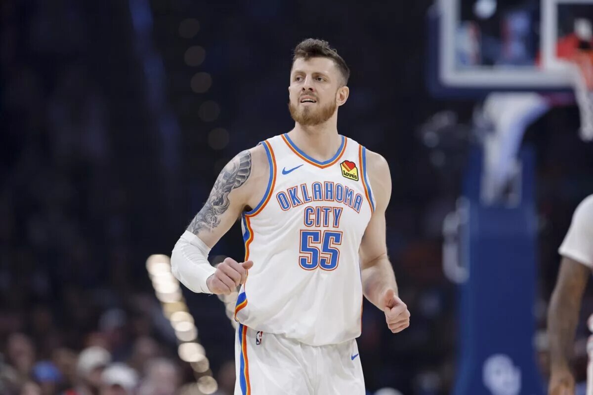Dec 28, 2025; Oklahoma City, Oklahoma, USA; Oklahoma City Thunder center Isaiah Hartenstein (55) runs down the court during a play against the Philadelphia 76ers during the first quarter at Paycom Center. Mandatory Credit: Alonzo Adams-Imagn Images