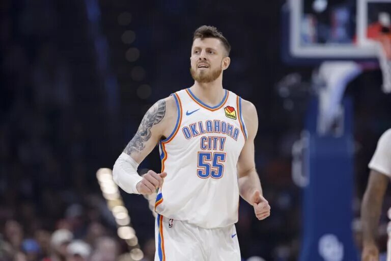 Dec 28, 2025; Oklahoma City, Oklahoma, USA; Oklahoma City Thunder center Isaiah Hartenstein (55) runs down the court during a play against the Philadelphia 76ers during the first quarter at Paycom Center. Mandatory Credit: Alonzo Adams-Imagn Images