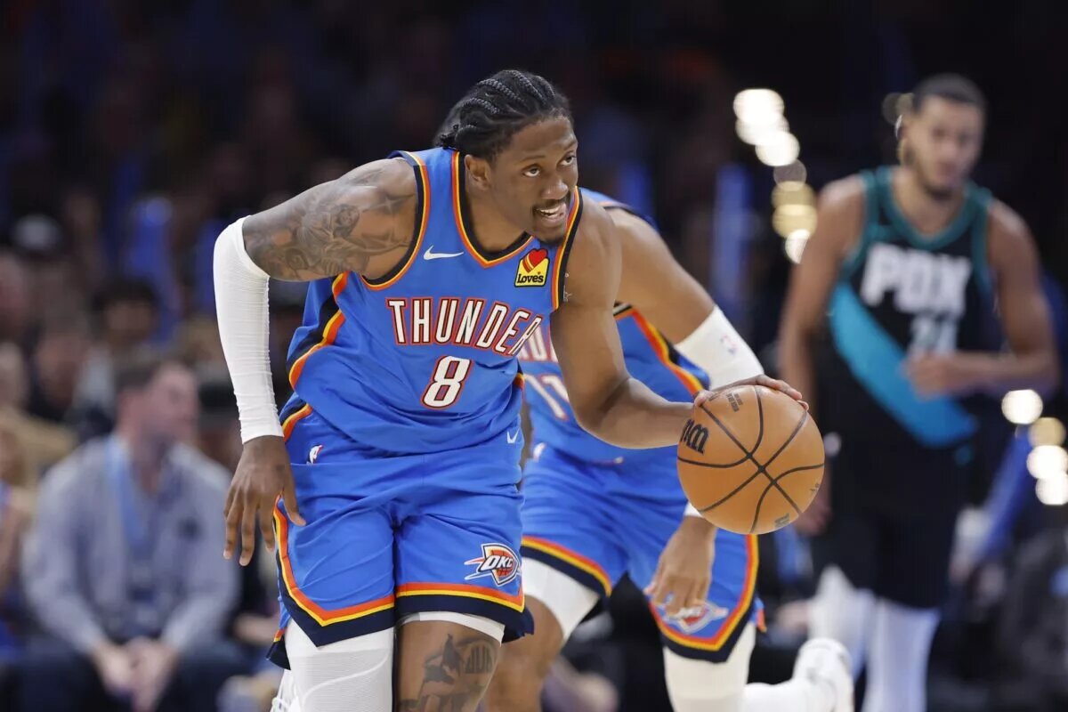 Dec 31, 2025; Oklahoma City, Oklahoma, USA; Oklahoma City Thunder guard Jalen Williams (8) dribbles down the court against the Portland Trail Blazers during the second half at Paycom Center. Mandatory Credit: Alonzo Adams-Imagn Images