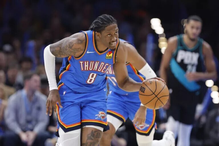 Dec 31, 2025; Oklahoma City, Oklahoma, USA; Oklahoma City Thunder guard Jalen Williams (8) dribbles down the court against the Portland Trail Blazers during the second half at Paycom Center. Mandatory Credit: Alonzo Adams-Imagn Images