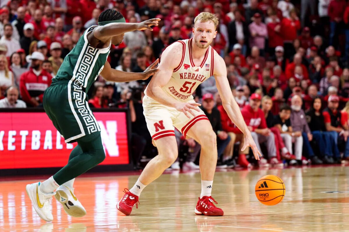 Reink Mast dribbles the ball for Nebraska against Michigan State
