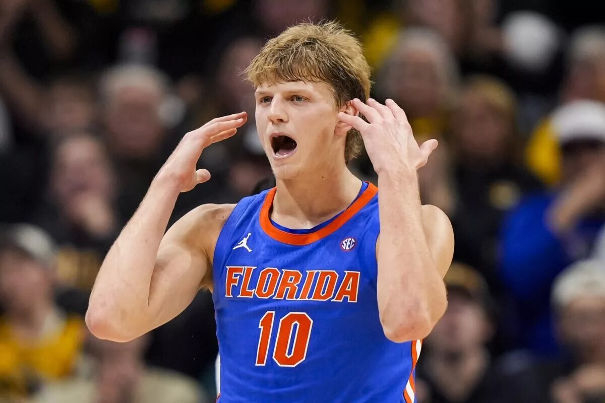 Florida Gators forward Thomas Haugh (10) reacts during the second half against the Missouri Tigers at Mizzou Arena.