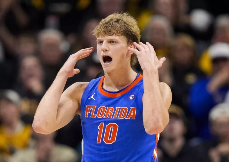 Florida Gators forward Thomas Haugh (10) reacts during the second half against the Missouri Tigers at Mizzou Arena.