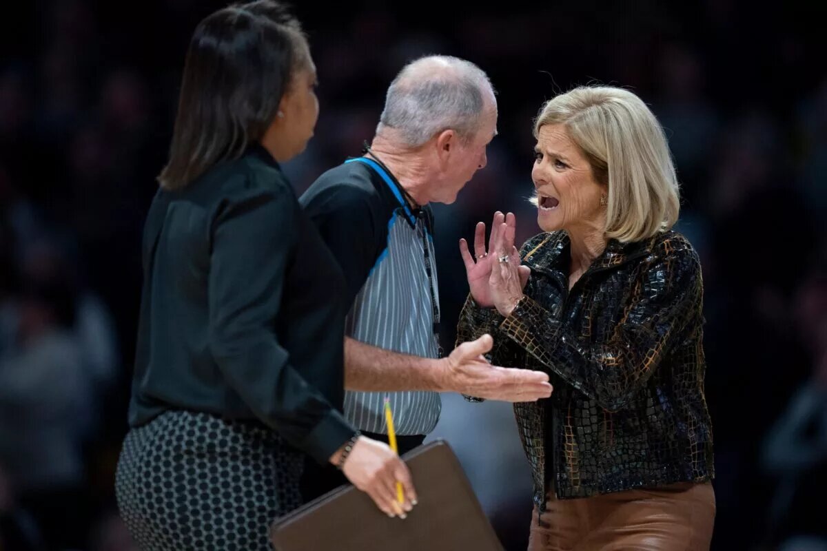 Louisiana State coach Kim Mulkey pleads her case to the referee during their game against Vanderbilt at Memorial Gymnasium Sunday, Jan. 4, 2026.
