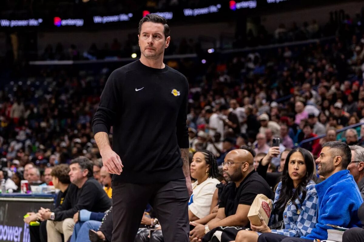 Jan 6, 2026; New Orleans, Louisiana, USA; Los Angeles Lakers Head Coach JJ Redick looks on against the New Orleans Pelicans during the first half at Smoothie King Center. Mandatory Credit: Stephen Lew-Imagn Images