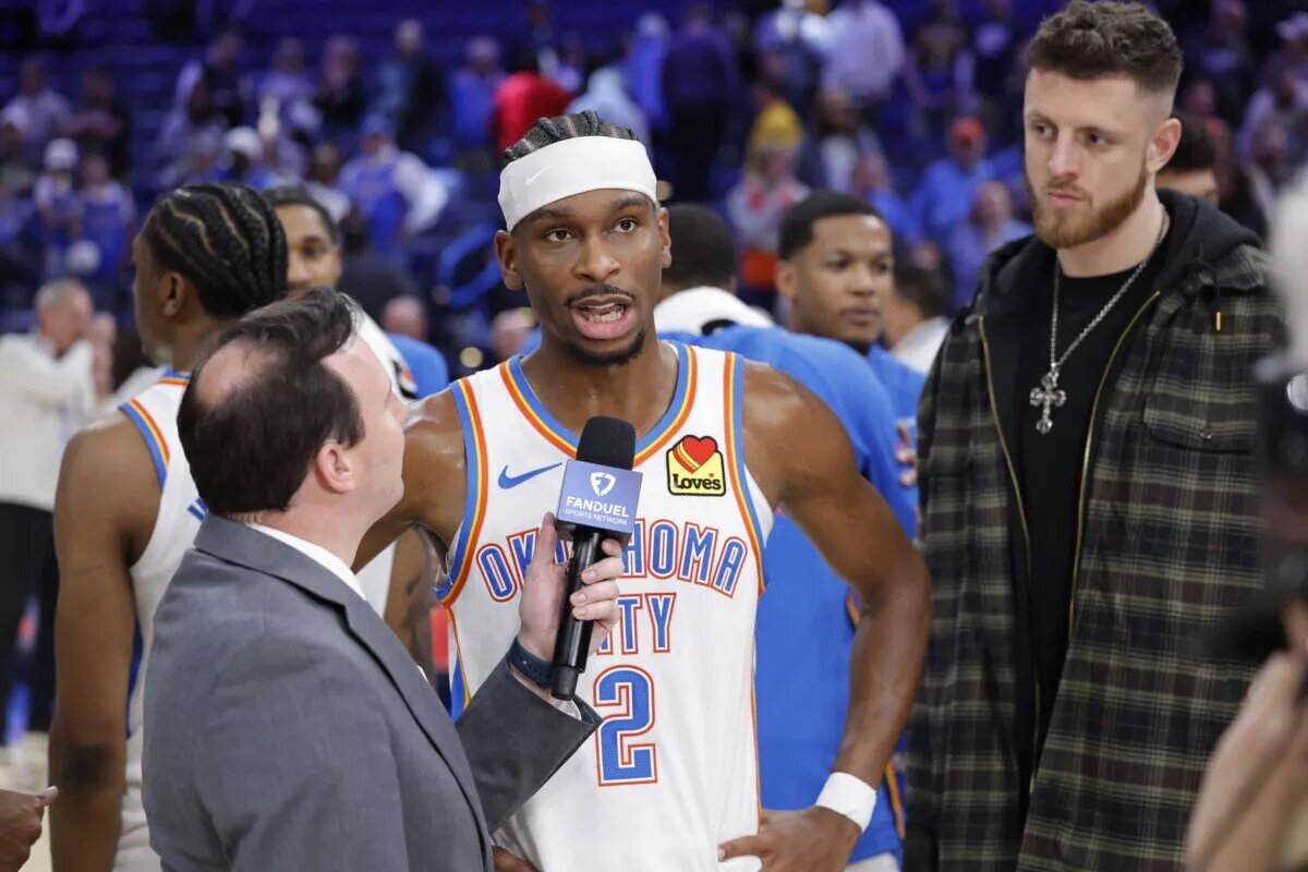 Oklahoma City Thunder guard Shai Gilgeous-Alexander (2) speaks to the media following their game against the Utah Jazz during the second half at Paycom Center.