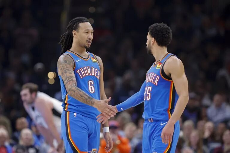 Jan 13, 2026; Oklahoma City, Oklahoma, USA; Oklahoma City Thunder forward Jaylin Williams (6) and guard Ajay Mitchell (25) celebrate after a play against the San Antonio Spurs during the second quarter at Paycom Center. Mandatory Credit: Alonzo Adams-Imagn Images