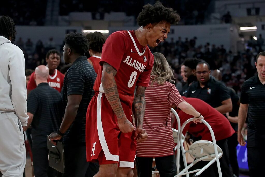 Alabama Crimson Tide guard Labaron Philon Jr. (0) reacts during a timeout during the second half against the Mississippi State Bulldogs at Humphrey Coliseum.