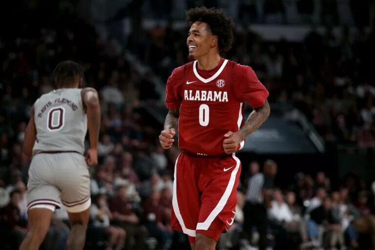 Alabama Crimson Tide guard Labaron Philon Jr. (0) reacts during the second half against the Mississippi State Bulldogs at Humphrey Coliseum.