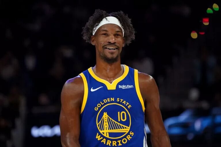 Jan 13, 2026; San Francisco, California, USA; Golden State Warriors forward Jimmy Butler III (10) waits for play to resume against the Portland Trail Blazers in the second quarter at Chase Center. Mandatory Credit: David Gonzales-Imagn Images