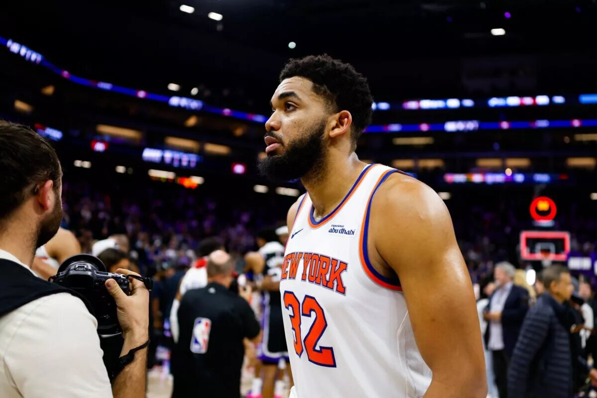 New York Knicks trade candidate Karl-Anthony Towns walking off court after Sacramento Kings game
