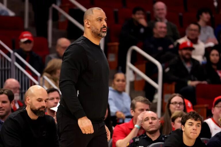 Jan 18, 2026; Houston, Texas, USA; Houston Rockets head coach Ime Udoka on the sideline against the New Orleans Pelicans during the first quarter at Toyota Center. Mandatory Credit: Erik Williams-Imagn Images