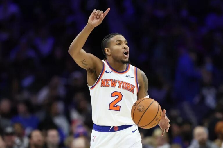 Jan 24, 2026; Philadelphia, Pennsylvania, USA; New York Knicks guard Miles McBride (2) brings the ball up court against the Philadelphia 76ers during the second quarter at Xfinity Mobile Arena. Mandatory Credit: Bill Streicher-Imagn Images