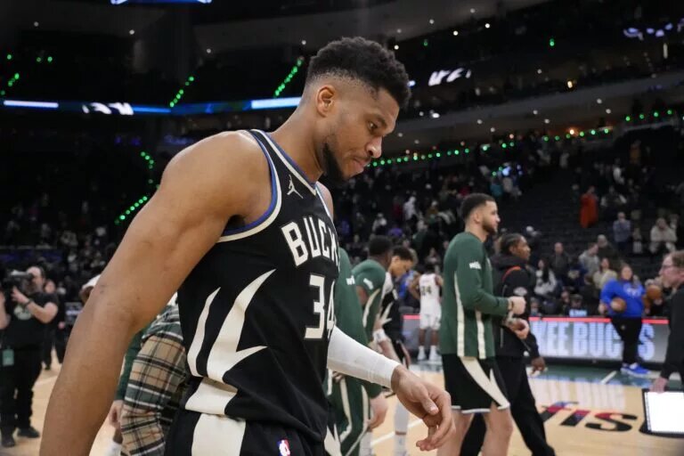 Milwaukee Bucks forward Giannis Antetokounmpo (34) following the game against the Denver Nuggets at Fiserv Forum.