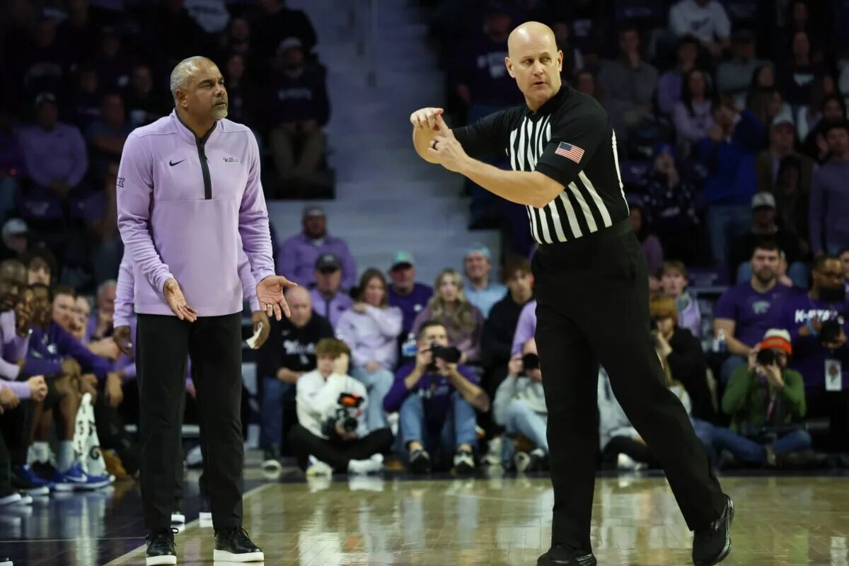 Jan 24, 2026; Manhattan, Kansas, USA; Kansas State Wildcats head coach Jerome Tang gets a technical during the second half against the Kansas Jayhawks at Bramlage Coliseum. Mandatory Credit: Scott Sewell-Imagn Images