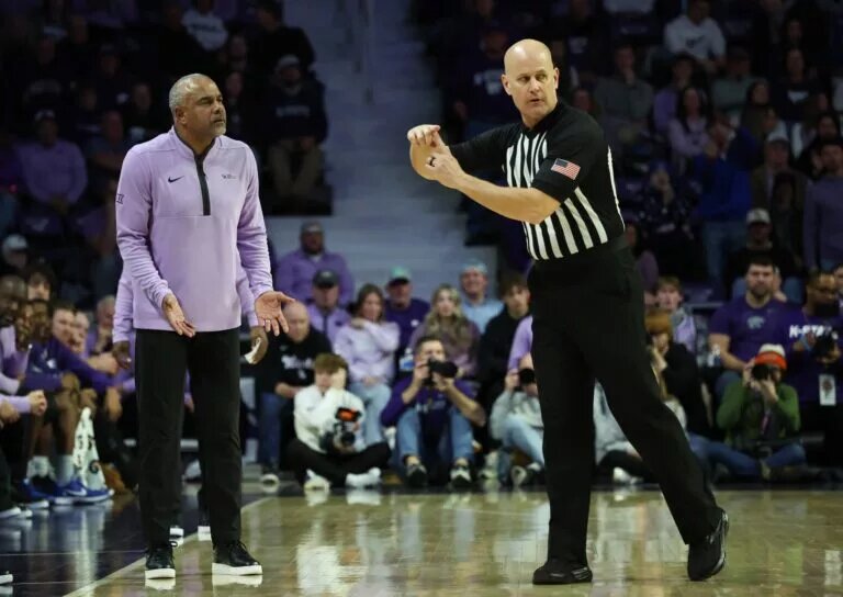 Jan 24, 2026; Manhattan, Kansas, USA; Kansas State Wildcats head coach Jerome Tang gets a technical during the second half against the Kansas Jayhawks at Bramlage Coliseum. Mandatory Credit: Scott Sewell-Imagn Images