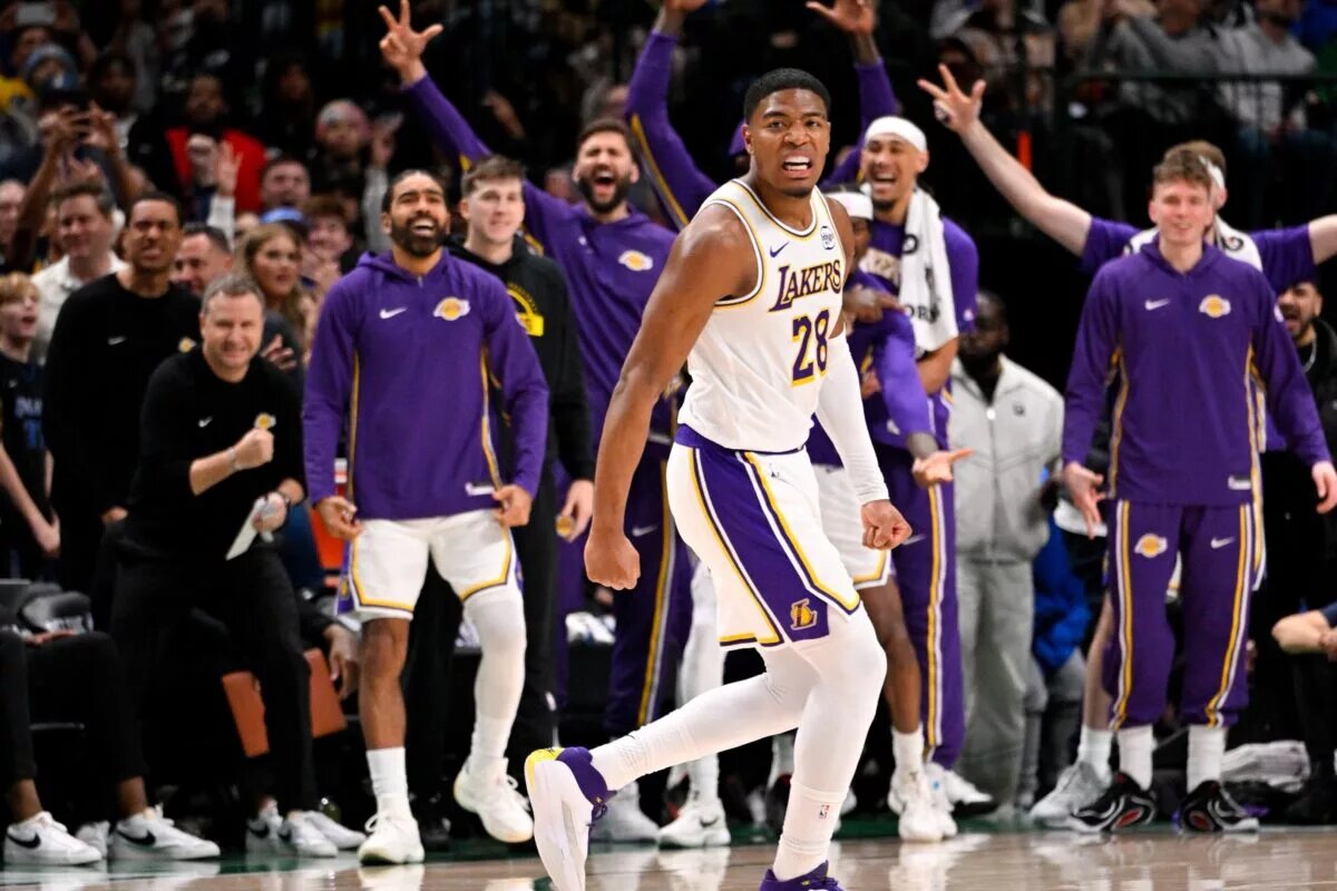 Jan 24, 2026; Dallas, Texas, USA; Los Angeles Lakers forward Rui Hachimura (28) celebrates making a three point shot against the Dallas Mavericks during the game at the American Airlines Center. Mandatory Credit: Jerome Miron-Imagn Images