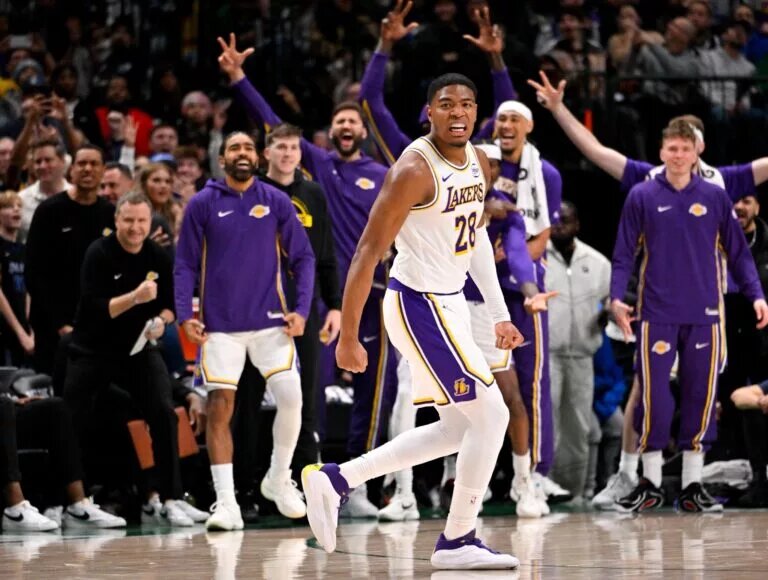 Jan 24, 2026; Dallas, Texas, USA; Los Angeles Lakers forward Rui Hachimura (28) celebrates making a three point shot against the Dallas Mavericks during the game at the American Airlines Center. Mandatory Credit: Jerome Miron-Imagn Images